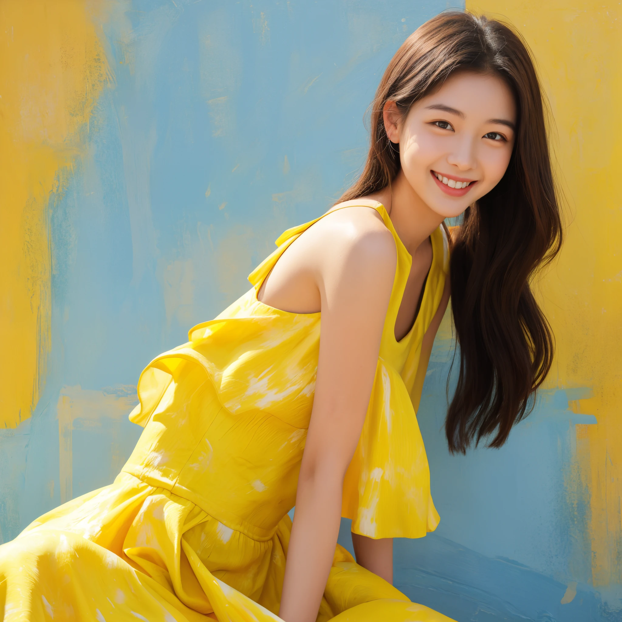 Front face oil painting form smiling girl in yellow dress