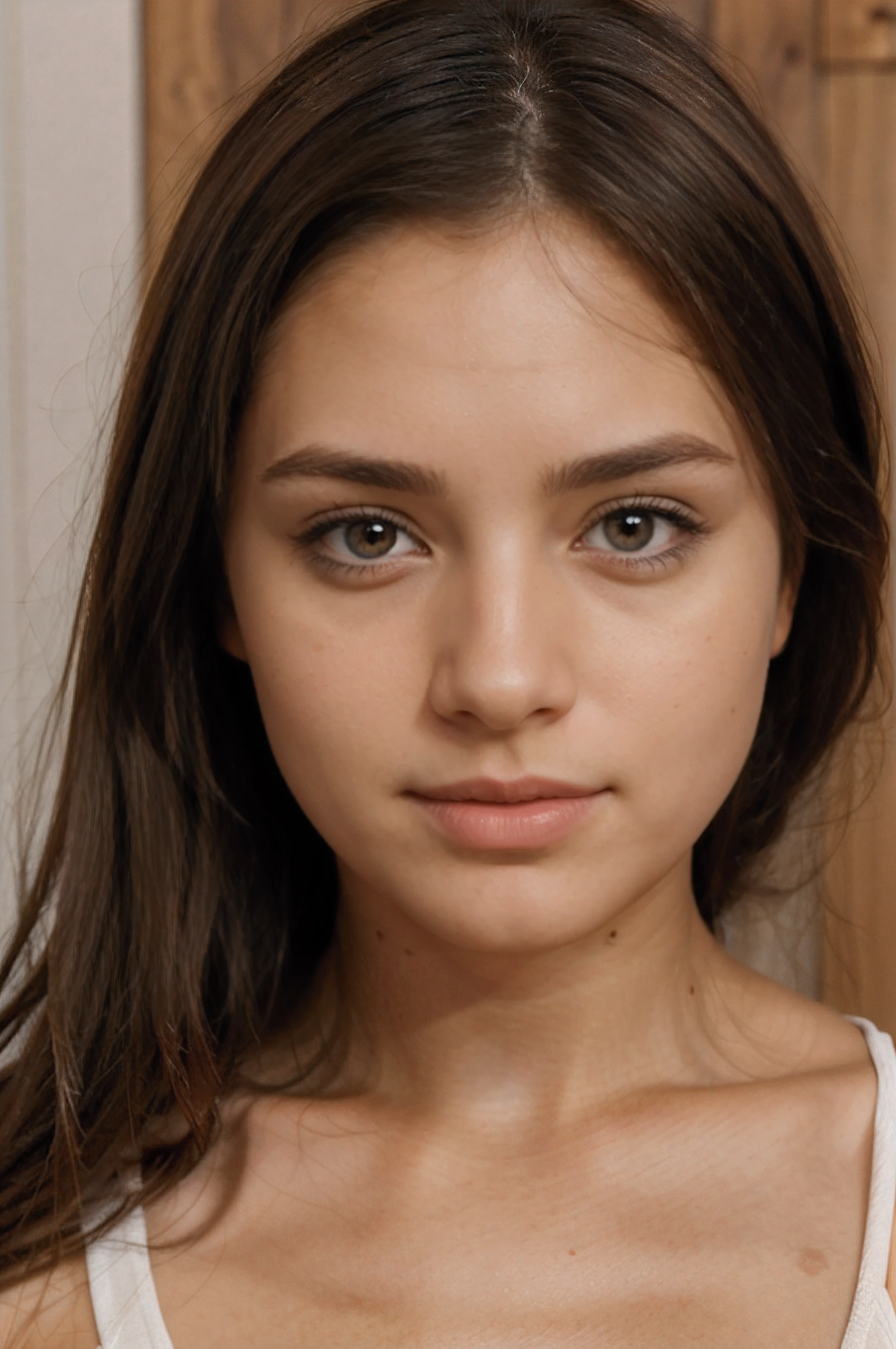 ???? girl with brown eyes, ultra-realistic, meticulously detailed, brown hair and hazel eyes, selfie of a young woman, natural makeup, looking directly at the camera, , subtle makeup, A-symmetrical face structure, slight smile