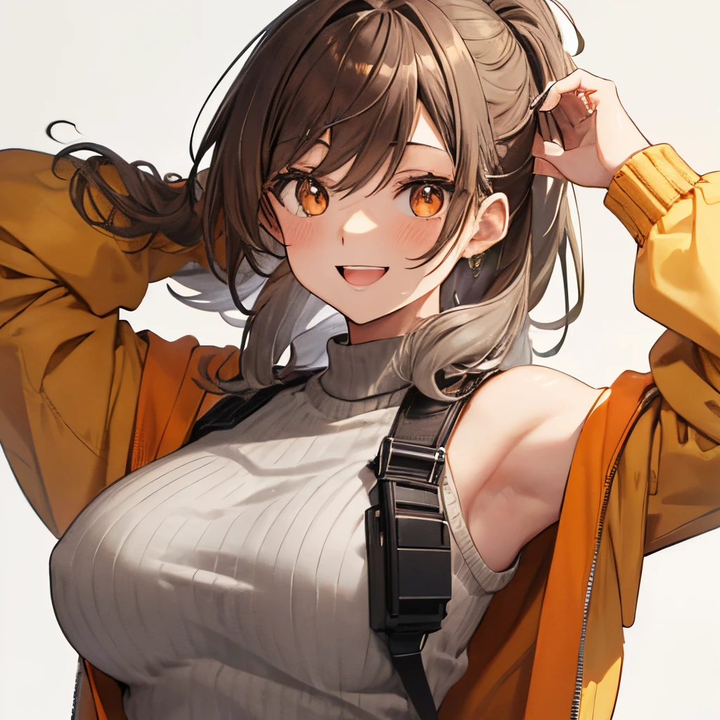 【Highest Quality, masutepiece】 [girl, deep orange eyes, front facing,dark brown hair,long ponytail hair,full yellow knit cloth, Happy, Upper body] (Gray white background:1.2),very happy smile,boobs,gun,