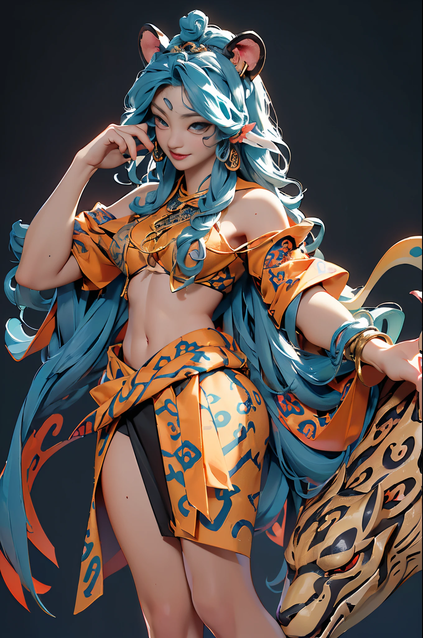 ((Sculpture design)),((full body portrait of person)),((undying)),((tmasterpiece)),(entire body image:1.6,Full body photo:1.6,From the feet to the top of the head:1.6),【Create a LOGO based on:(jungle spirit,Appear in female form,),(Goddess in Chinese mythology:1.5),(oda'jaguar behind me:1.6,complete jaguar:1.6),(Goddess Fan,A MILF,熟妇,mature,big chest and thin waist,long leges),(wildness),(Raised sexy),(charming woman),(Red long-haired:1.4),ear nipple ring,graceful stance,Dunhuang clothes,Dunhuang skirt,((Headdress symbolizing God))】,((Sexual suggestiveness)),(Computer graphic arts:1.4), (s fractal art: 1.2),(( 32K,A high resolution,hyper HD,)), (( Professional Quality,Perfect photography, ray traycing, perfect volumetric lighting, hight quality octane render, High quality vectors)), ((hyper-detailing:1.2,Complicated details:1.2)), ((ultra real photo,フォトリアリスティック,3 Rendering)),((epic image)),(Blind box toy style:1.6),((simple backgound,Deep dark background:1.2,with black background)),Detailed faces,詳細な目,Clean the skin,(correct hand:1.6),(Complete and beautiful five fingers:1.6),(Head and body proportion anatomical model:1.6),(Anatomically correct perspective and occlusion:1.5),(Correct anatomy:1.5),(Add a base:1.6),(Tangled waves and trees:1.6),(Character centered:1.4),(Warm color palette),