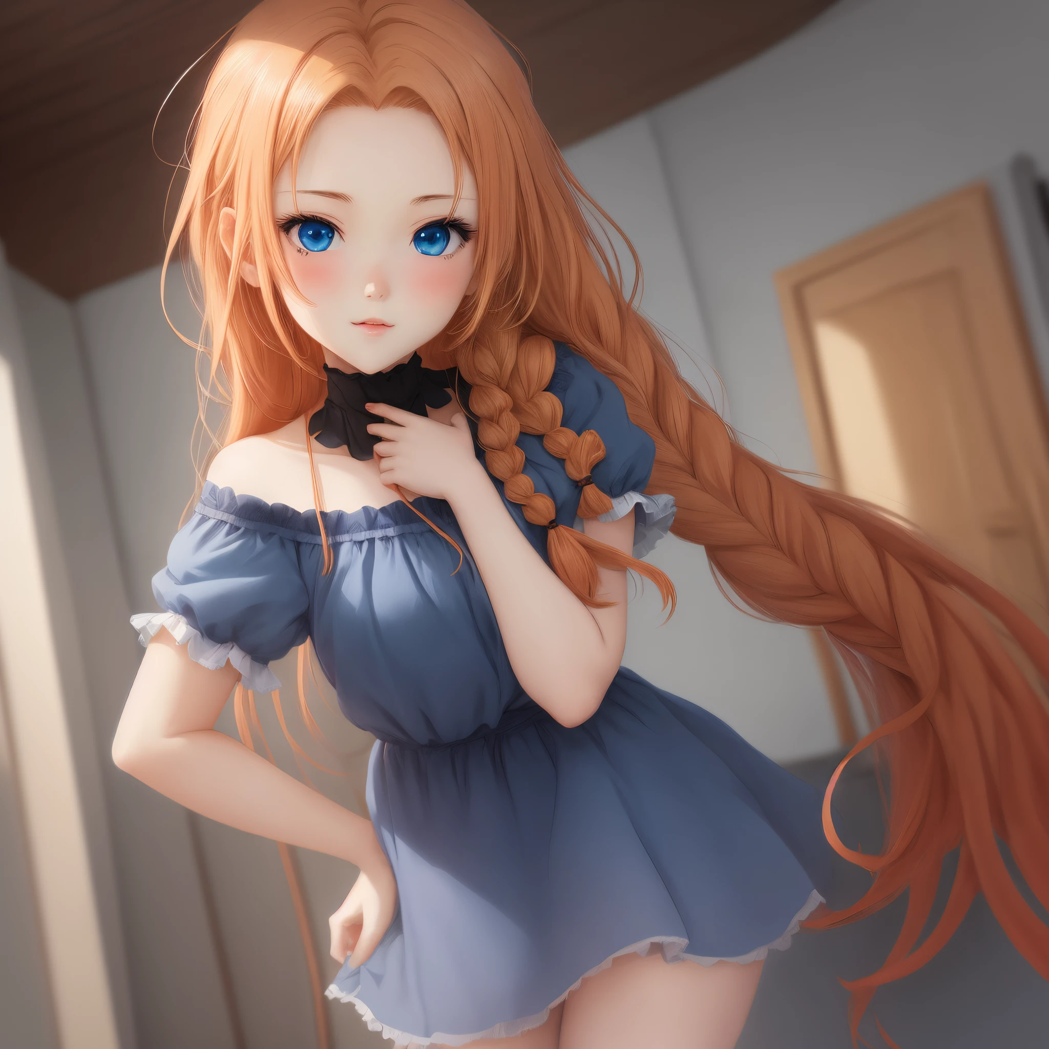 anime girl with a middle part, and two braids, red blonde hair, blue eyes