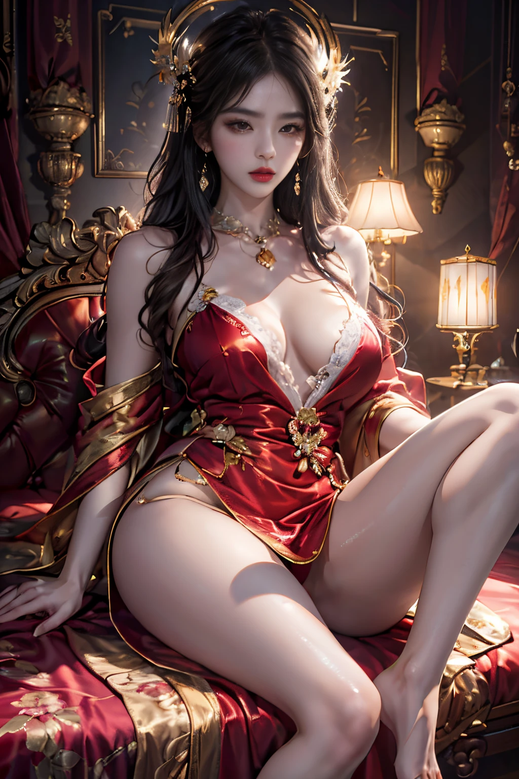Best quality at best, tmasterpiece, 超高分辨率, (realistically:1.4), RAW photogr, 1 plump girl, ((lace dressing gown)), ((Small under breasts)), cold light,dynamicposes,Sexy pajamas,(spread your legs:1.4),(open your feet),Pretend to sleep,