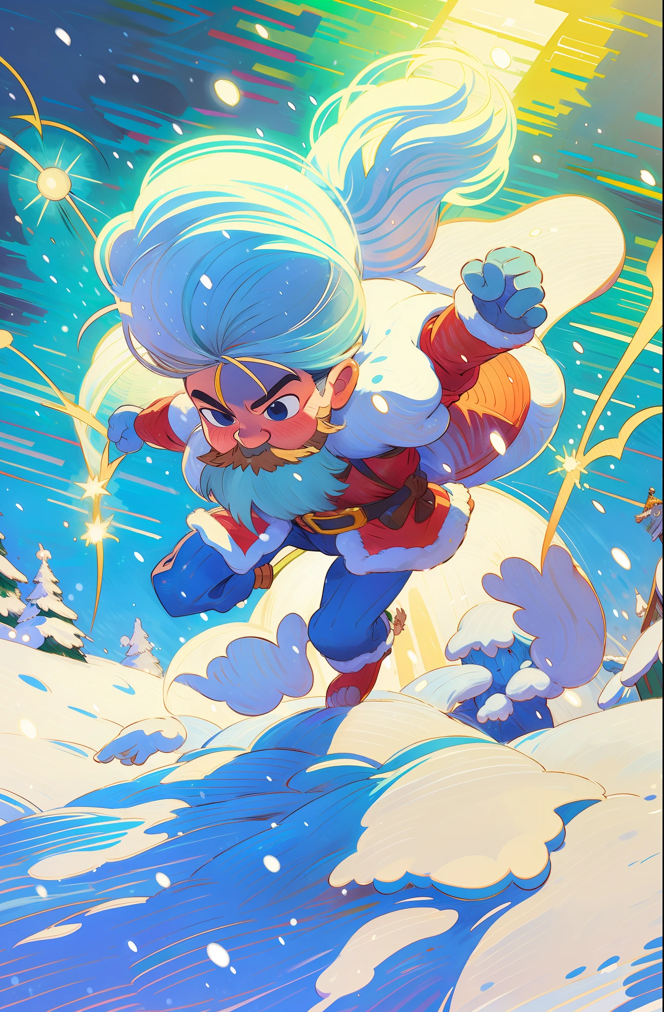 superhero santa claus, Cloaked, flying in the snow, safe, super energy magic