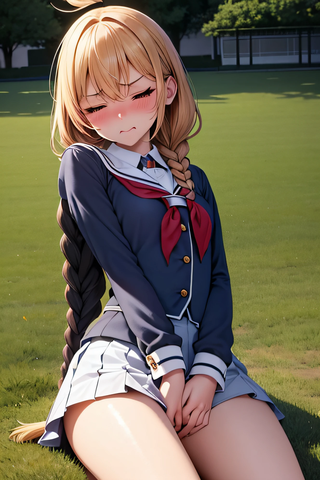 superfine illustration, Perfect Anatomy, Best Quality, Hires, amazing shading, Beautiful skin, 1 , nose blush, Saliva, Ecstasy, Close eyes, ,School Uniforms , Full body, SEX, Yor, touches crotch, (Rubbing the crotch with your hands:1.2), suggestive pose,(a park:1.5)、Braids
