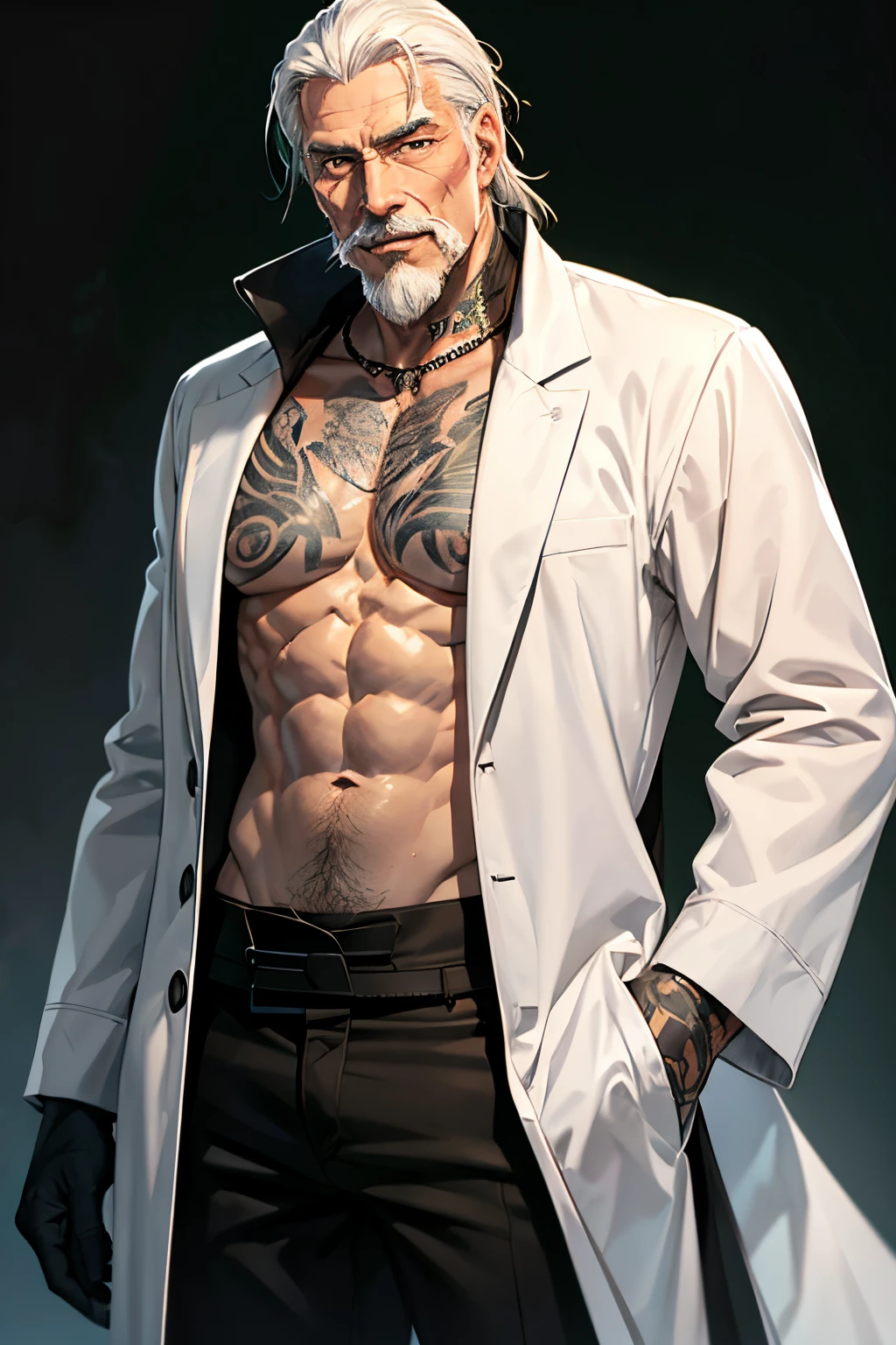 Tall strong man, old man, grey mustache and goatee, long grey hair, cocky smile, shirtless with a white coat, black pants, black gloves, glowing green eyes, tattoos on chest, white hair, old man