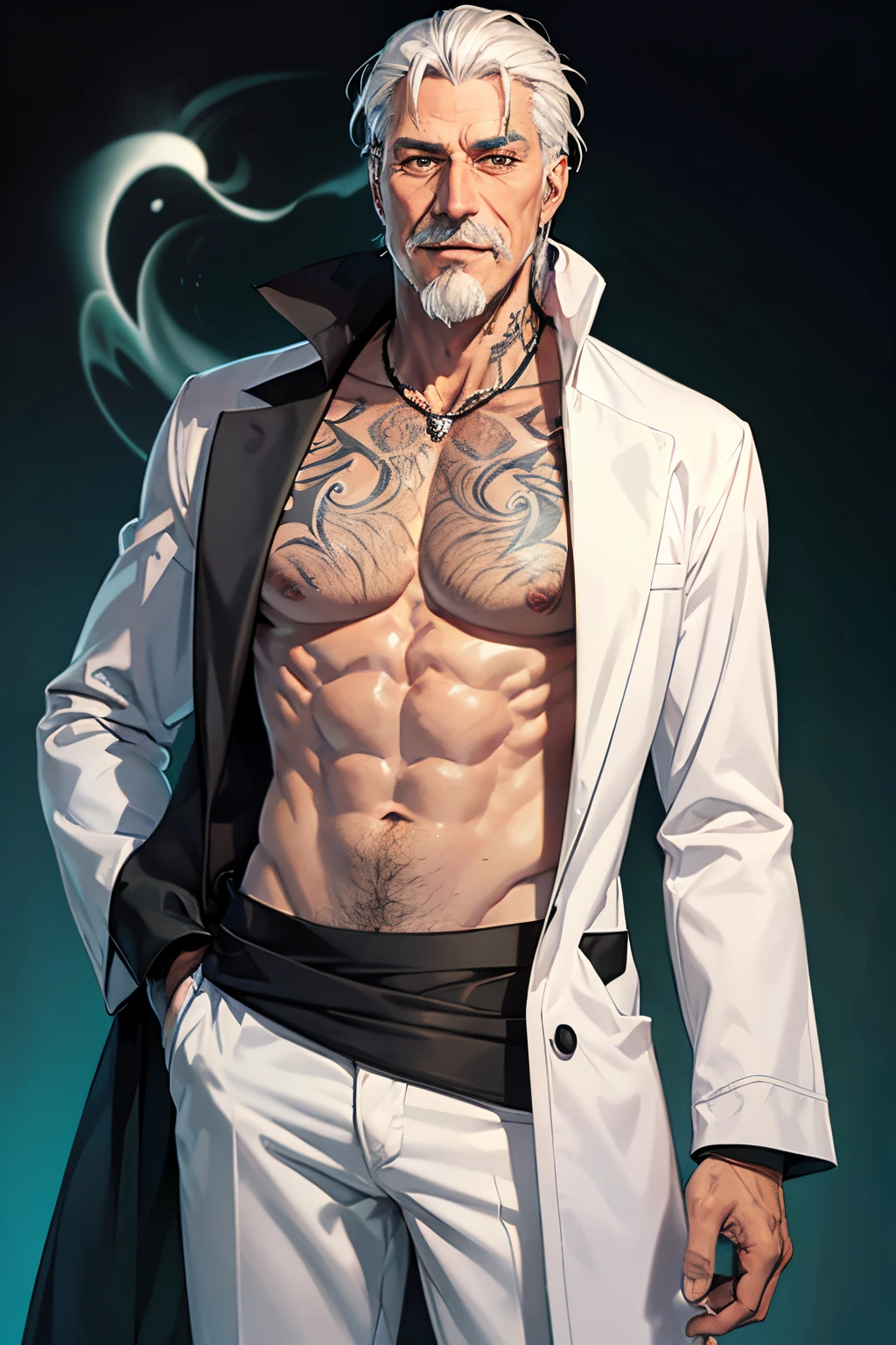 Tall strong man, old man, grey mustache and goatee, long grey hair, cocky smile, shirtless with a white coat, black pants, black gloves, glowing green eyes, tattoos on ?????, white hair, old man