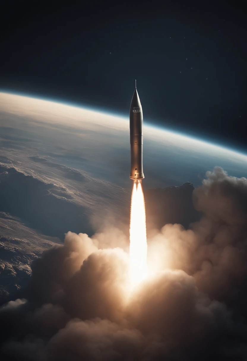 North Korean missile is about to enter Earth's atmosphere、threat of nuclear war、Close up of missile from space、