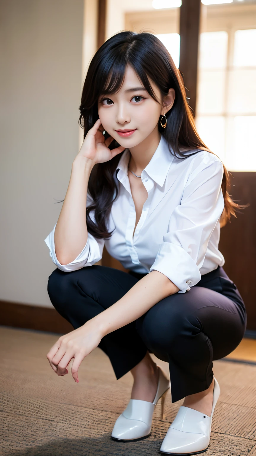 Best-quality, Masterpiece, Ultra-High-Resolution, (Photorealistic:1.4), Raw-Photo, Extremely-Details, Perfect-Anatomy,
1girl, -yeld, thost popular Japanese idol, ((squatting, hands on cheek):1.2), wearing matching business suit and white blouse and white cotton laced underwear, innocent smile,
extremely cute face like a most famous Japanese idol, extremely beautiful big black solid circle eyes, ((extremely beautiful black hair)), extremely beautiful skinny body, extremely beautiful breasts, extremely beautiful buttocks, extremely beautiful skinny thighs, extremely beautiful realistic skins,
detailed matching business suit, detailed white blouse, detailed white cotton laced underwear