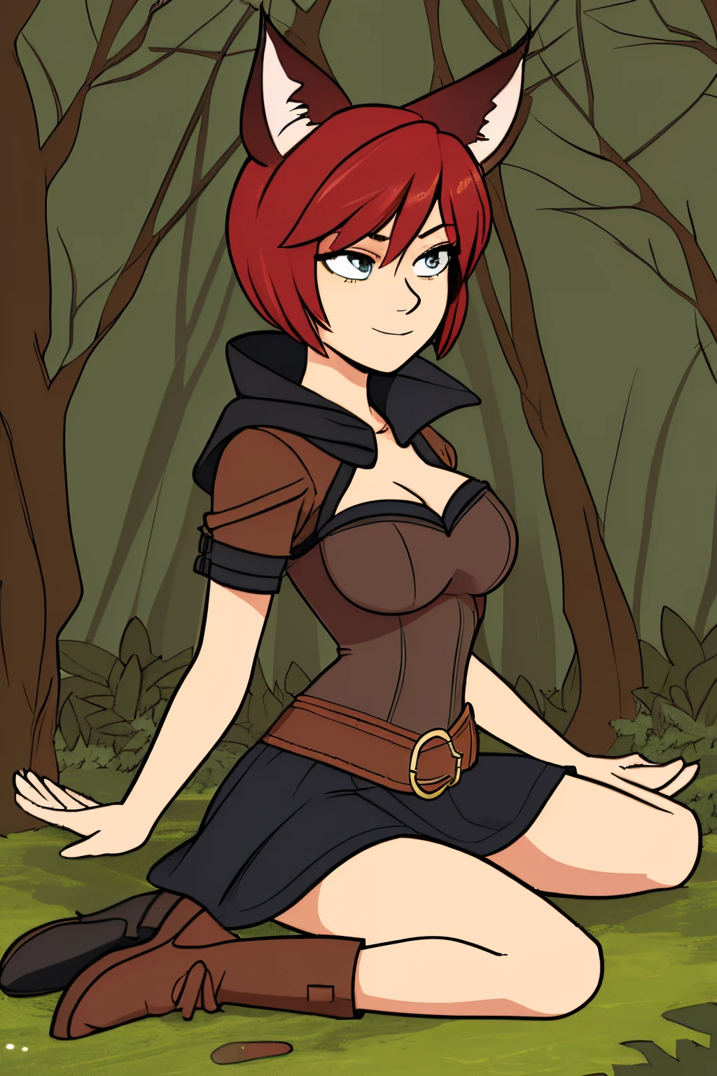 Beautiful 1girl in, full body, ager, Solo, (short pixie cut Hair, undercut red hair: 1.28), ((light gray eyes)), some small freckles, (dark fox ears: 1.35), pale skin, medium breasts, cleavage, (thin hips, thin waist: 1.25), detailed skin, shy smile, (revealing clothes, brown leather, cowl, cloak, corset, skirt, long boots, buckles, straps, pouches, green fabric, brown leather: 1.1), (action shot, kneeling: 1.21), (detailed magical forest background:1.1), creek, overlooking opening in forest, relaxing, 4k textures, soft light, elegant, highly detailed, sharp focus, soothing tones, insane details, intricate details, hyperdetailed, high contrast, hdr
