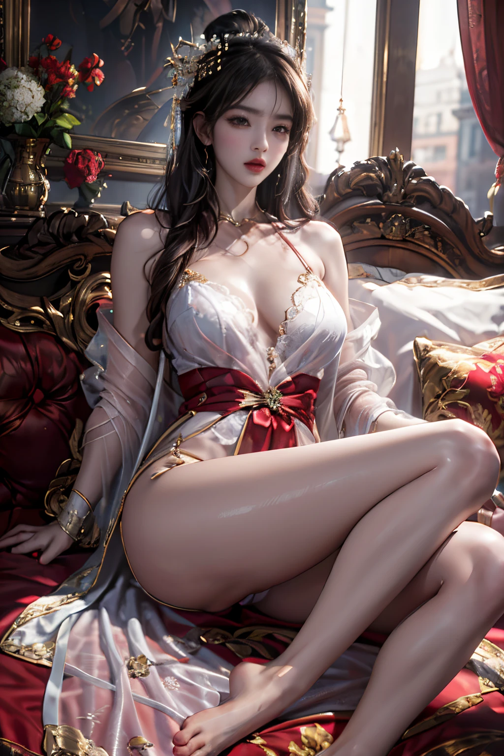 Best quality at best, tmasterpiece, 超高分辨率, (realistically:1.4), RAW photogr, 1 plump girl, ((lace dressing gown)), ((Small under breasts)), cold light,dynamicposes,Sexy pajamas,(spread your legs:1.4),(open your feet),Pretend to sleep,
