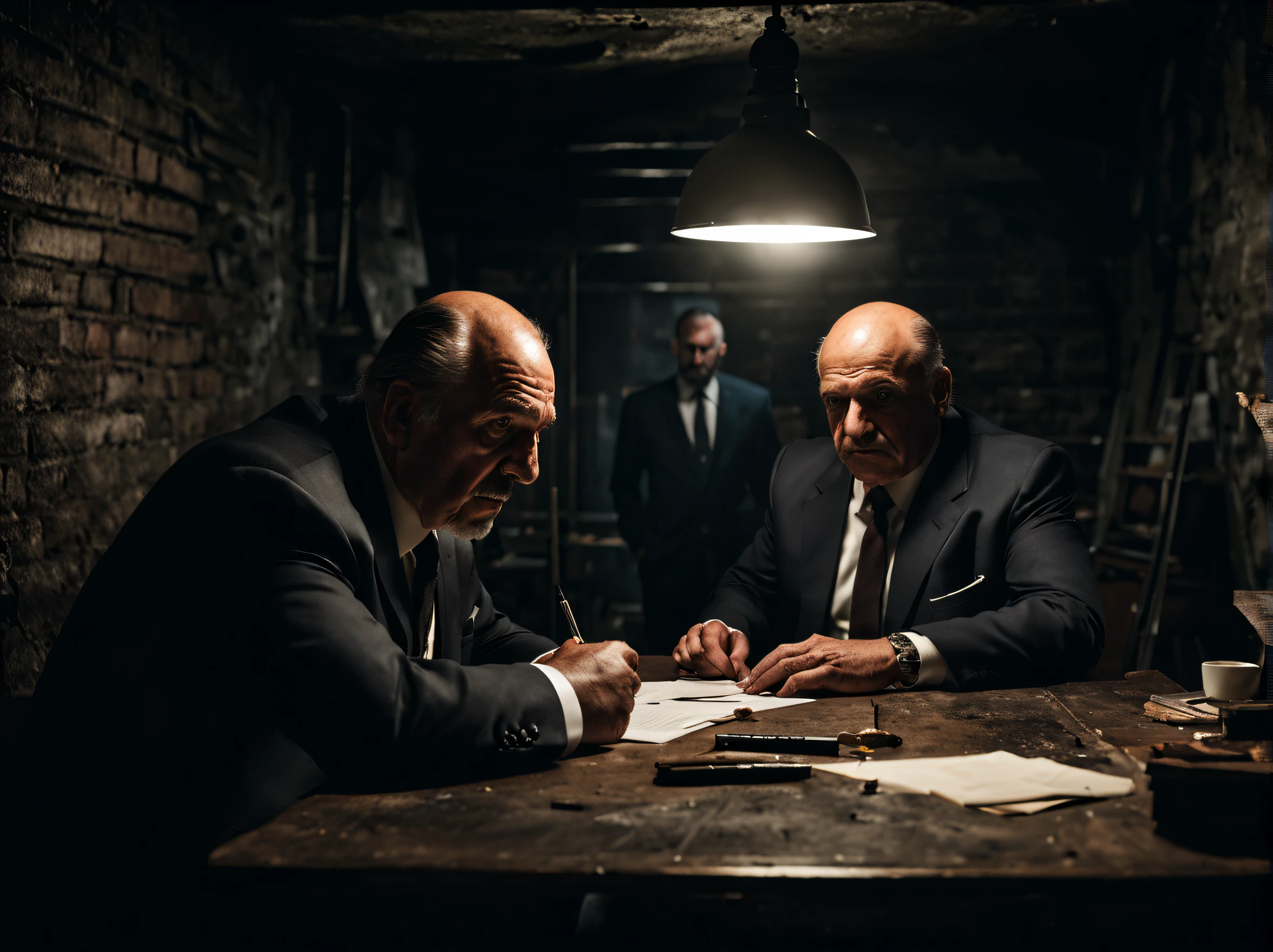 (8k, raw photo, ultra detailed, masterpiece), the italian mafia are looking at each other at their desks. In the dark cellar. a light bulb is lighting up the basement. angry, violent, competition, negotiation, cinematic lighting, shot on wide angle lens, dark background, low key
