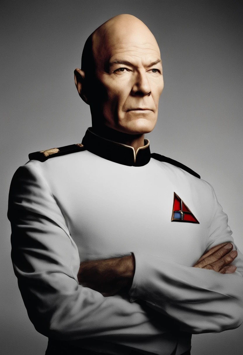 Mr. Clean is a bald man with a single gold hoop earring, so Patrick Picard's head would be shaved smooth. The strong brow and intense stare that Patrick Stewart brings to the character of Picard would remain. Perhaps Mr. Clean's usual white shirt and pants would be replaced by the red and black uniform of a Starfleet captain. His earring might become a Starfleet badge pin instead. And that familiar bald head would probably still have its characteristic shine, as if freshly polished.
I'd imagine an authoritative yet thoughtful facial expression, coupled with a commanding posture. This combines the capable leader qualities of both cleanser mascot Mr. Clean and Captain Jean-Luc Picard into one imaginary character. Let me know if you would like me to elaborate on any other textual details that come to mind!