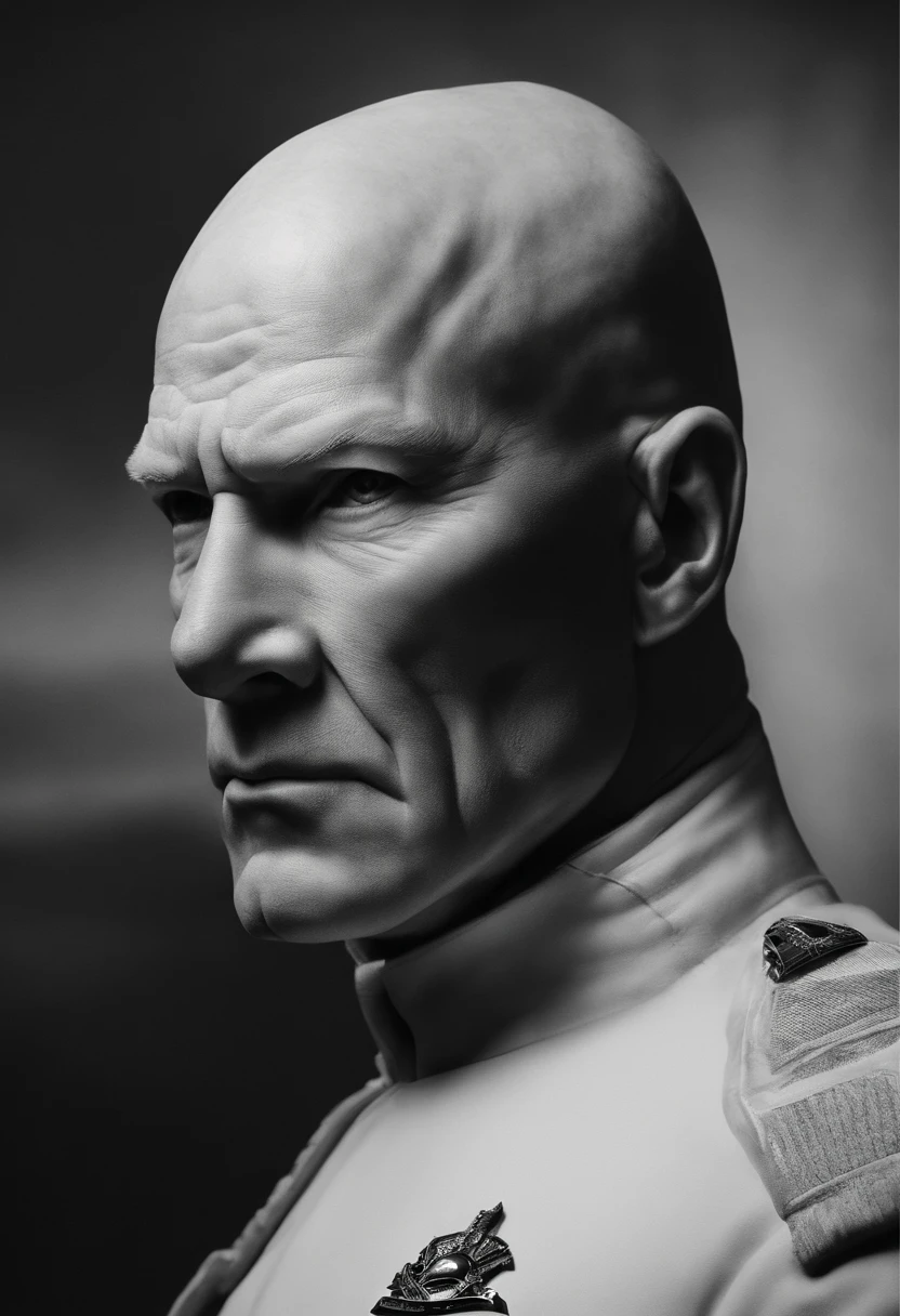Mr. Clean is a bald man with a single gold hoop earring, so Patrick Picard's head would be shaved smooth. The strong brow and intense stare that Patrick Stewart brings to the character of Picard would remain. Perhaps Mr. Clean's usual white shirt and pants would be replaced by the red and black uniform of a Starfleet captain. His earring might become a Starfleet badge pin instead. And that familiar bald head would probably still have its characteristic shine, as if freshly polished.
I'd imagine an authoritative yet thoughtful facial expression, coupled with a commanding posture. This combines the capable leader qualities of both cleanser mascot Mr. Clean and Captain Jean-Luc Picard into one imaginary character. Let me know if you would like me to elaborate on any other textual details that come to mind!