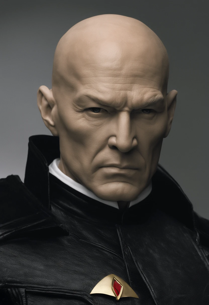 Mr. Clean is a bald man with a single gold hoop earring, so Patrick Picard's head would be shaved smooth. The strong brow and intense stare that Patrick Stewart brings to the character of Picard would remain. Perhaps Mr. Clean's usual white shirt and pants would be replaced by the red and black uniform of a Starfleet captain. His earring might become a Starfleet badge pin instead. And that familiar bald head would probably still have its characteristic shine, as if freshly polished.
I'd imagine an authoritative yet thoughtful facial expression, coupled with a commanding posture. This combines the capable leader qualities of both cleanser mascot Mr. Clean and Captain Jean-Luc Picard into one imaginary character. Let me know if you would like me to elaborate on any other textual details that come to mind!