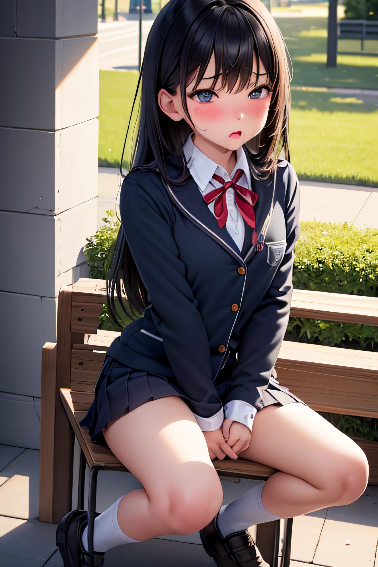 very cute and beautiful school girl,teen,(highly detailed beautiful face and eyes:1.2), smile,(sailor school uniform),(pleated navy blue mini skirt), sitting on park bench,spread legs,white panties,dynamic angle,looking at viewer,black hair, flower garden,stone stairs,shrubbery,(best quality,masterpiece:1.2),intricate details,extremely detailed, 8k resolution,solo,hair fluttering in the wind,beautiful detailed sky,