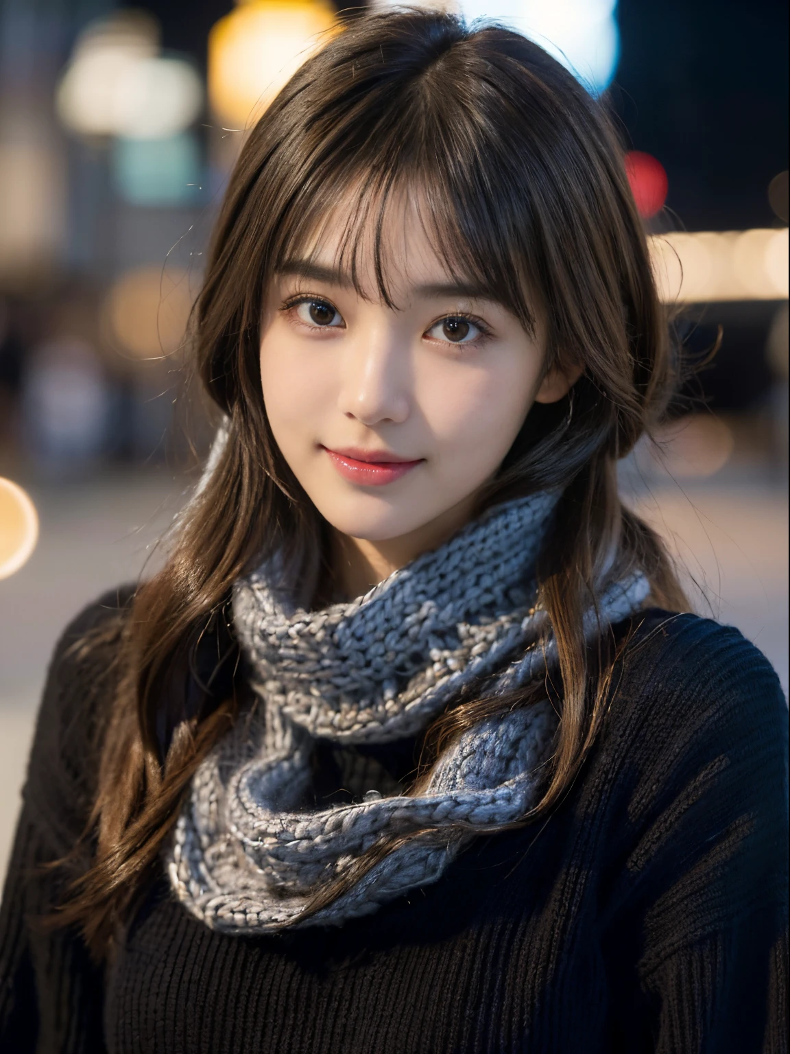 1 japanese girl,(Black sweater:1.4),(She wears a knitted snood around her neck to hide her chin..................:1.5), (Raw photo, Best Quality), (Realistic, Photorealsitic:1.4), masutepiece, extremely delicate and beautiful, Extremely detailed, 8k wallpaper, amazing, finely detail, extremely detailed CG Unity, hight resolution, Soft light, Beautiful detailed 19 year old, extremely detailed eye and face, beautiful detailed nose, Beautiful detailed eyes,Cinematic lighting,city light at night,Perfect Anatomy,Slender body,Smiling  (hair messy, asymmetrical bangs, light brown hair,)