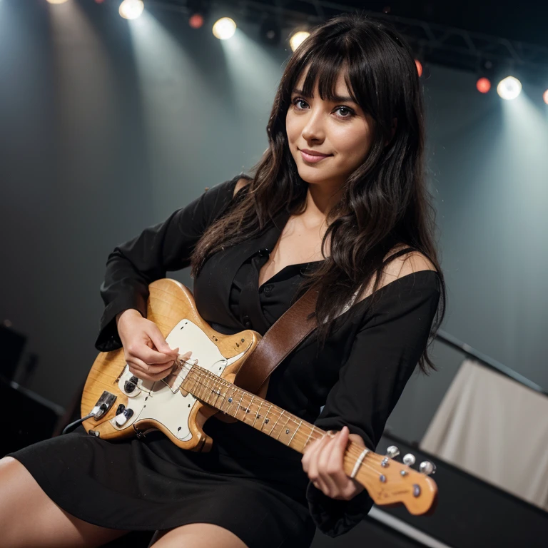 French woman with straight wavy black hair. dresses like a secretary. She plays the electric guitar and is the backup singer she has medium hair. she is in a band. on a stage. adult. five fingers on each hand younger an pretty . Happy. Enjoying her job. Focused. Bangs. Tan skin