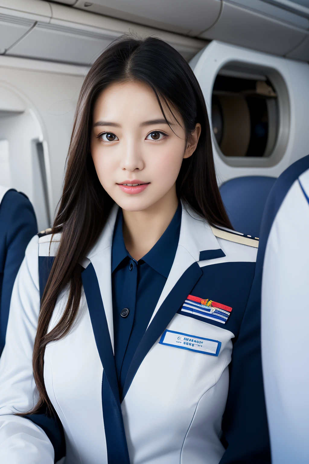 Top Quality, Masterpiece, 8K, Ultra High Definition, (Photorealistic: 1.4), 1 Girl, Beautiful Face, Symmetrical Eyes, Big, Perfect Body Proportions, Stewardess Uniform, Viewer's Look, (Inside the Airplane: 1.2), Front View, Shoulder Jump, Absolute Area (1.3),