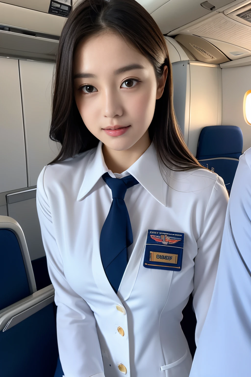 Top Quality, Masterpiece, 8K, Ultra High Definition, (Photorealistic: 1.4), 1 Girl, Beautiful Face, Symmetrical Eyes, Big, Perfect Body Proportions, Stewardess Uniform, Viewer's Look, (Inside the Airplane: 1.2), Front View, Shoulder Jump, Absolute Area (1.3),