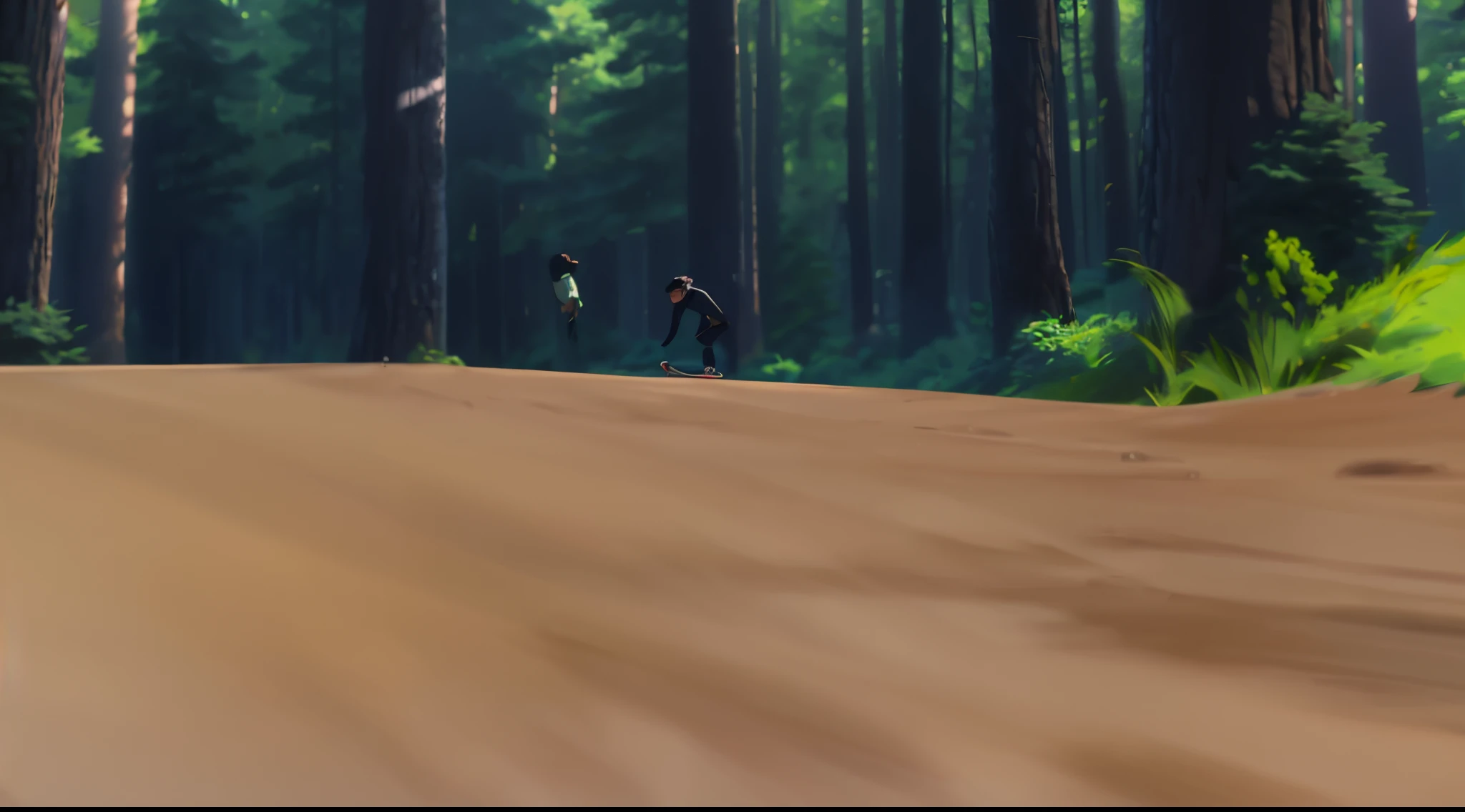 there is a picture of a cartoon picture of a person riding a skateboard, forest backdrop, forest in the background, forest in background, anime lush john 8k woods, forrest background, arena background, background hyper detailed, forestpunk background, anime background, volley court background, elf forest background, forrest in background, background(solid), random background scene