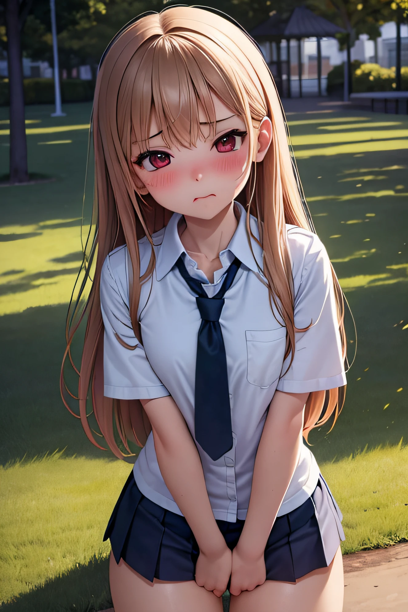 superfine illustration, Perfect Anatomy, Best Quality, Hires, amazing shading, Beautiful skin, 1 , nose blush, Saliva, Ecstasy,  Close eyes, ,School Uniforms , Full body, SEX, Yor, touches crotch, (Rubbing the crotch with your hands:1.2),  suggestive pose,(a park:1.5)Slow sound