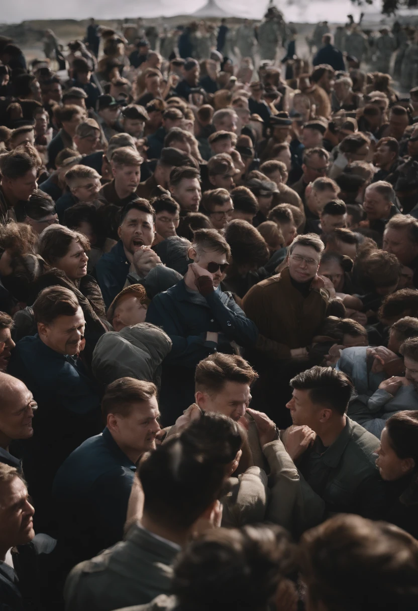 Desenhe uma cena em um local urbano ao ar livre, onde um homem magro e careca, veste uma camisa verde escura, the shirt is short sleeve style, is in the center of the image. The man is bald, The Thin Man Stands Still, as a crowd of people gathers around him. As pessoas em movimento, creating a blur of activity around the thin man. people very close to each other, Filling the open space in the city. The scene should be represented at an angle that highlights the thin man in the crowd and the urban atmosphere around him. The scene is done in half a shot, The man is facing, the people who are around are out of focus with blur showing that they are walking fast