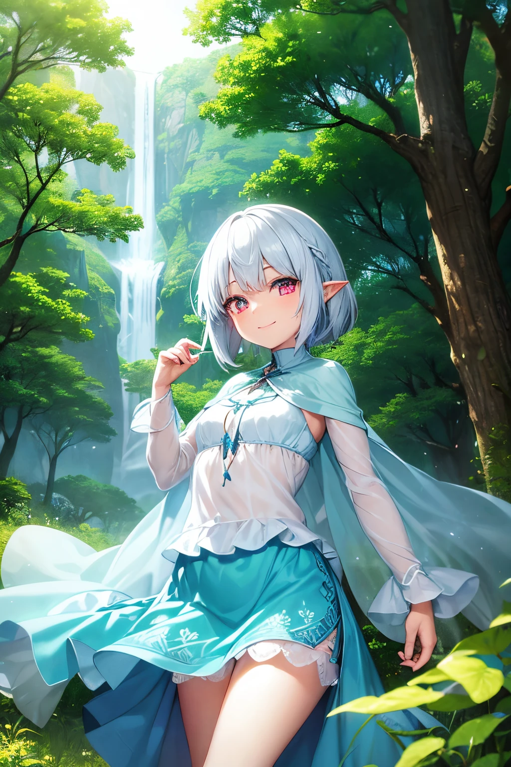 in woods Elven Girl a beauty girl a smile kawaii light skinned blue clothing Leprechaun pointy ears White hair short-hair White see-through clothes White hair Hair fluttering in the wind red eyes silber hair