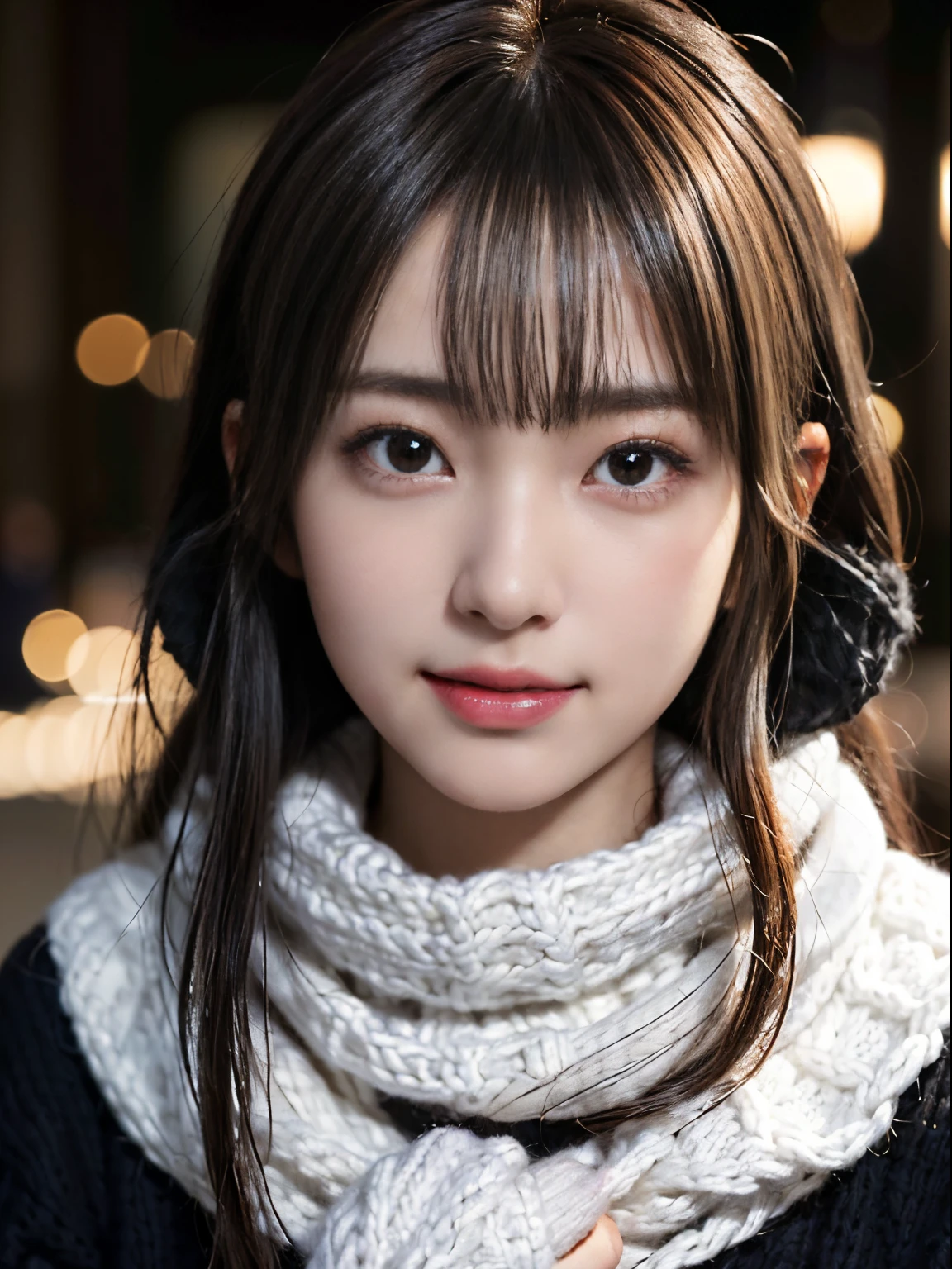 1 japanese girl,(Black sweater:1.4),(She wears a knitted snood around her neck to hide her chin..............:1.5), (Raw photo, Best Quality), (Realistic, Photorealsitic:1.4), masutepiece, extremely delicate and beautiful, Extremely detailed, 8k wallpaper, amazing, finely detail, extremely detailed CG Unity, hight resolution, Soft light, Beautiful detailed 19 year old, extremely detailed eye and face, beautiful detailed nose, Beautiful detailed eyes,Cinematic lighting,city light at night,Perfect Anatomy,Slender body,Smiling  (hair messy, asymmetrical bangs, light brown hair,)