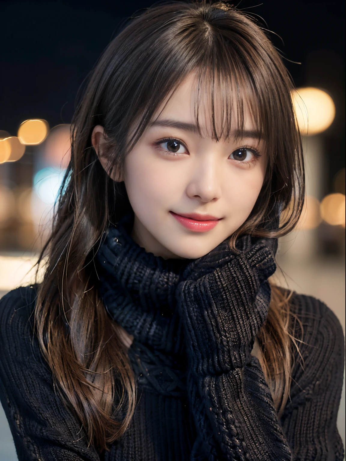 1 japanese girl,(Black sweater:1.4),(She wears a knitted snood around her neck to hide her chin..............:1.5), (Raw photo, Best Quality), (Realistic, Photorealsitic:1.4), masutepiece, extremely delicate and beautiful, Extremely detailed, 8k wallpaper, amazing, finely detail, extremely detailed CG Unity, hight resolution, Soft light, Beautiful detailed 19 year old, extremely detailed eye and face, beautiful detailed nose, Beautiful detailed eyes,Cinematic lighting,city light at night,Perfect Anatomy,Slender body,Smiling  (hair messy, asymmetrical bangs, light brown hair,)