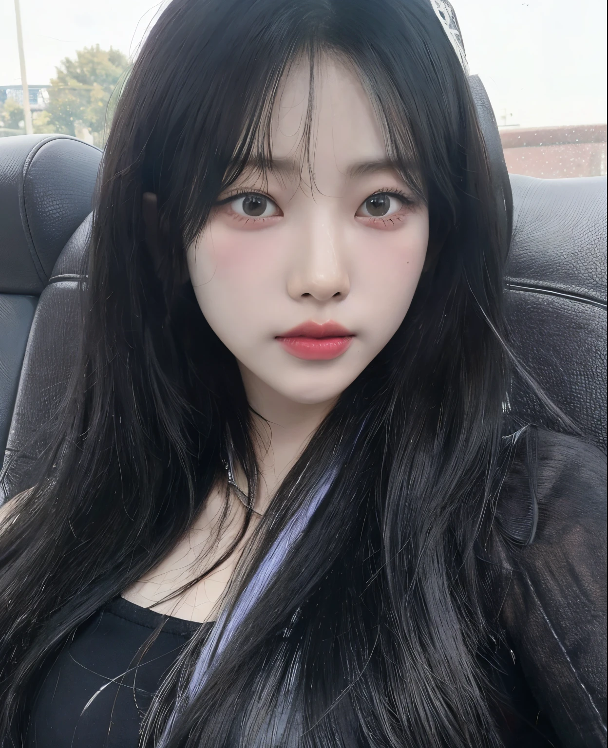 Un primer plano de una mujer con el pelo largo y negro sentada en un coche, Ella tiene el pelo negro con flequillo, Jinyoung Shin, ulzzang, cruel korean goth girl, Jaeyeon Nam, Chica coreana, Heonhwa Choe, Ella tiene el pelo negro, her face looks like an orchid, Wan adorable cara coreana, Bae Suzy, hwang se - on