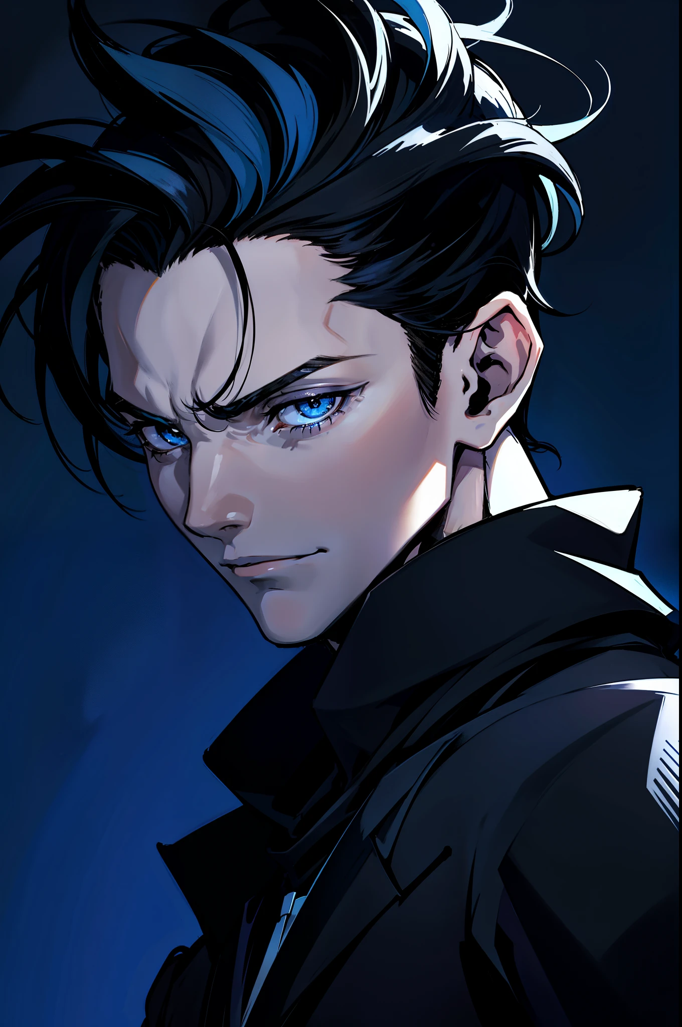 Close up of a man with black hair and blue background, a character portrait inspired by Yanjun Cheng, Tumblr, serial art, Tall anime guy with blue eyes, Anime portrait of a handsome man, Stunning anime face portrait, Male anime style, Anime handsome man, male anime character, young anime man, handsome guy in demon killer art