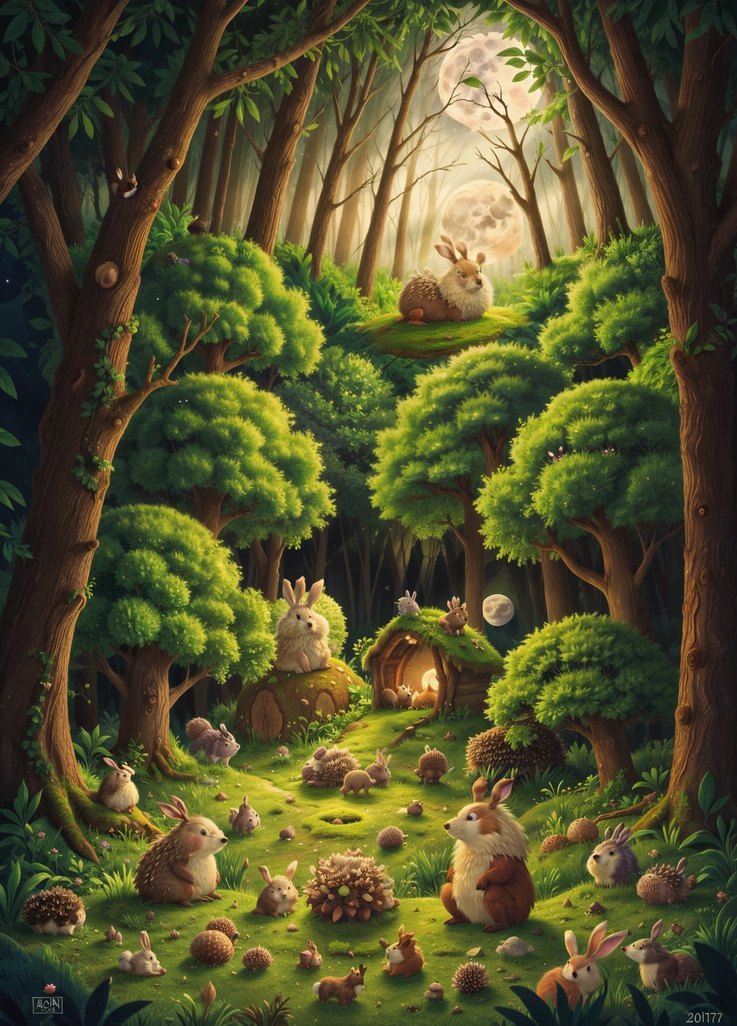 An enchanted forest, The full moon rises over the hill, Rabbit and hedgehog are sitting and looking at the moon