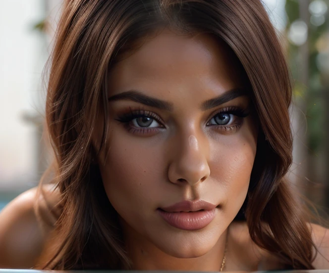 photographic model with Brazilian origin, young green eyes, dark skin