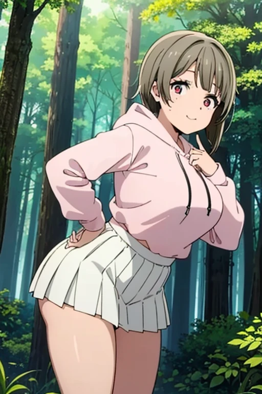 18year old, girl with, Pink hoodie,White miniskirt,pleatedskirt, White underwear,Large breasts,Larger buttocks,Thick thighs, Narrow waist, hair is twin tail, full bodyesbian,portlate,Pose with buttocks sticking out,The background is outdoors in the forest