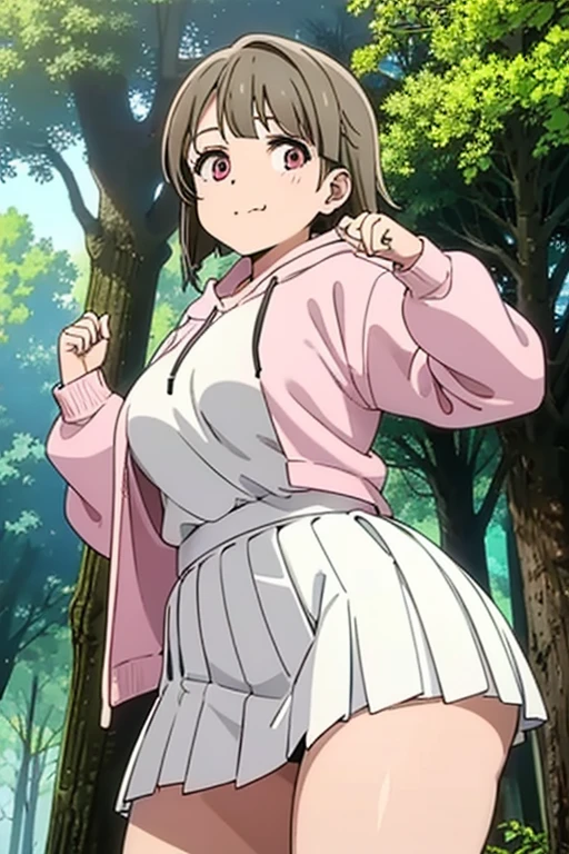 18year old, girl with, Pink hoodie,White miniskirt,pleatedskirt, White underwear,Large breasts,Larger buttocks,Thick thighs, Narrow waist, hair is twin tail, full bodyesbian,portlate,Pose with buttocks sticking out,The background is outdoors in the forest