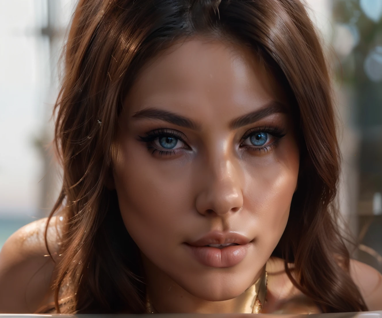 a close up of a woman with a very big breast, adriana chechik, sexy face, karol bak uhd, extremely beautiful face, attractive beautiful face, gorgeous attractive face, sexy girl with sky blue eyes, sexy girl, ultra beautiful face, sexy lips, stunning closeupheadshot, 4 k glamour photography, jaw dropping beauty, gorgeous beautiful woman, perfect face )