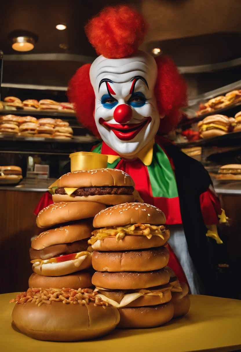 Sleazy McDonalds Clown posing with a towering stack of Big Macs,original,Ronald McDonald, male