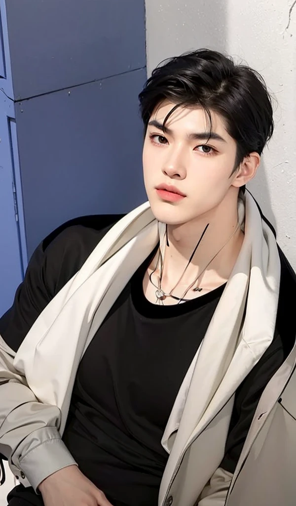 (masterpiece, top quality, high resolution), 1male, handsome male, young male, ((athlete)), (hunky, handsome man, extremely handsome, ridiculously handsome, attractive man, strong masculine features), (shirtless, undressed, Open chest), (big muscle, big chest, abs), (wearing a necklace), sweaty