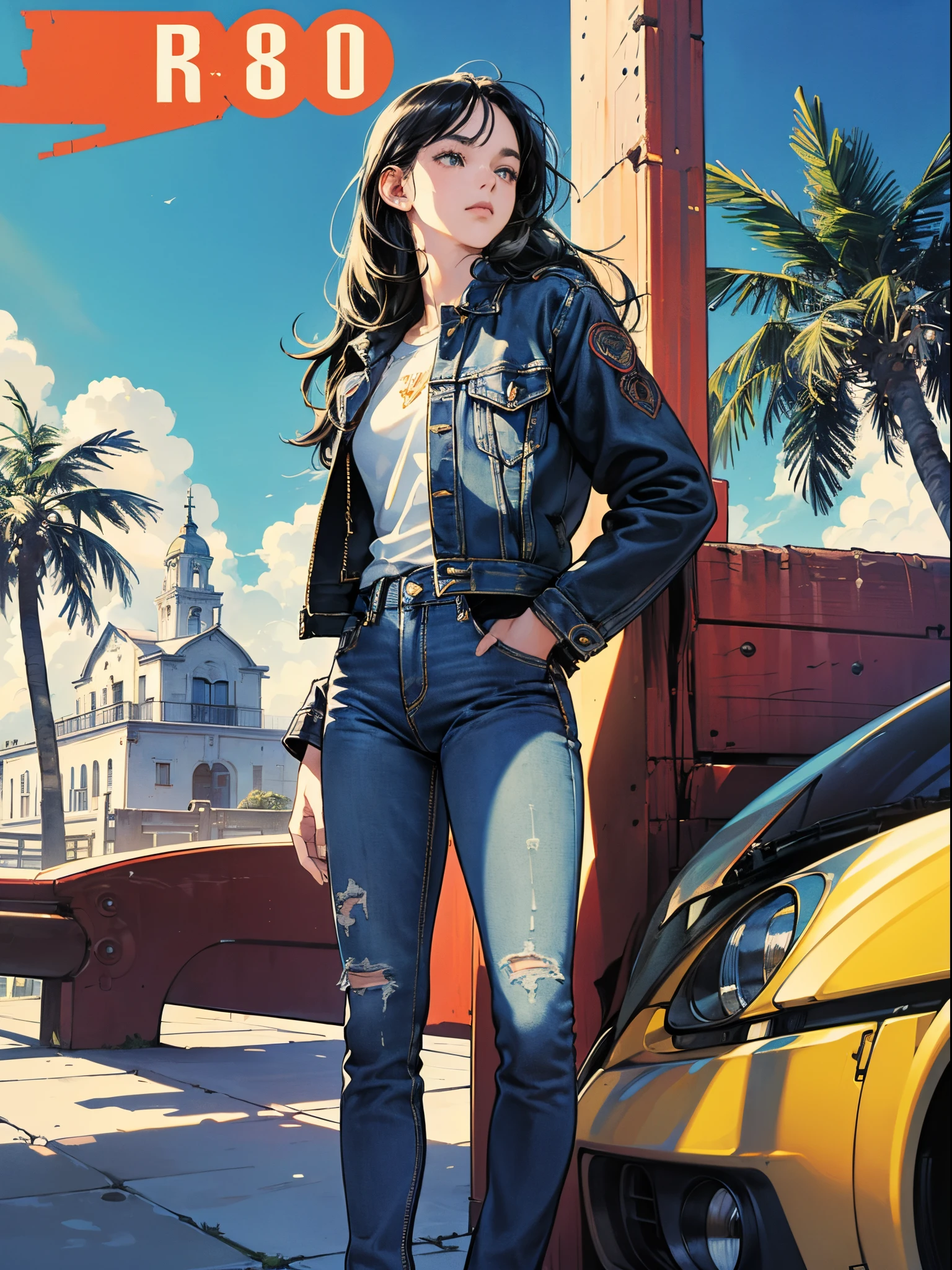 Vibrant colors、((​masterpiece)))、(((top-quality)))、((ultra-detailliert))、(A hyper-realistic)、(highly detailed CGillustration）、Official art、CD cover、urbane、City Pop、Palm trees、seaside、Long Black Hair、It will be、Cool feeling、Mid summer、Stylish、glorious 1980s、Cool Beauty、cochetti gorgeous、matchless beauty、jaket、jeans、Female Solo、Perfect Angle、perfect-composition、Perfect light and shadow contrast、Face Close-up