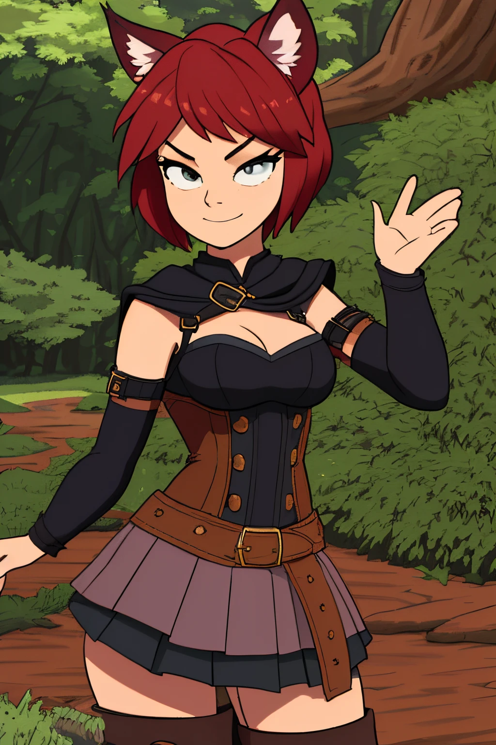 Beautiful 1girl in, full body, teenager, Solo, (short pixie cut Hair, undercut red hair: 1.28), ((light gray eyes)),  some small freckles, (dark fox ears: 1.35), pale skin, medium breasts, cleavage, (thin hips, thin waist: 1.25), detailed skin, shy smile, (revealing clothes, brown leather, cowl, cloak, corset, skirt, long boots, buckles, straps, pouches, green fabric, brown leather: 1.1), (action shot, fighting: 1.21), (detailed magical forest background:1.1), creek, overlooking opening in forest, relaxing, 4k textures, soft light, elegant, highly detailed, sharp focus, soothing tones, insane details, intricate details, hyperdetailed, high contrast, hdr
