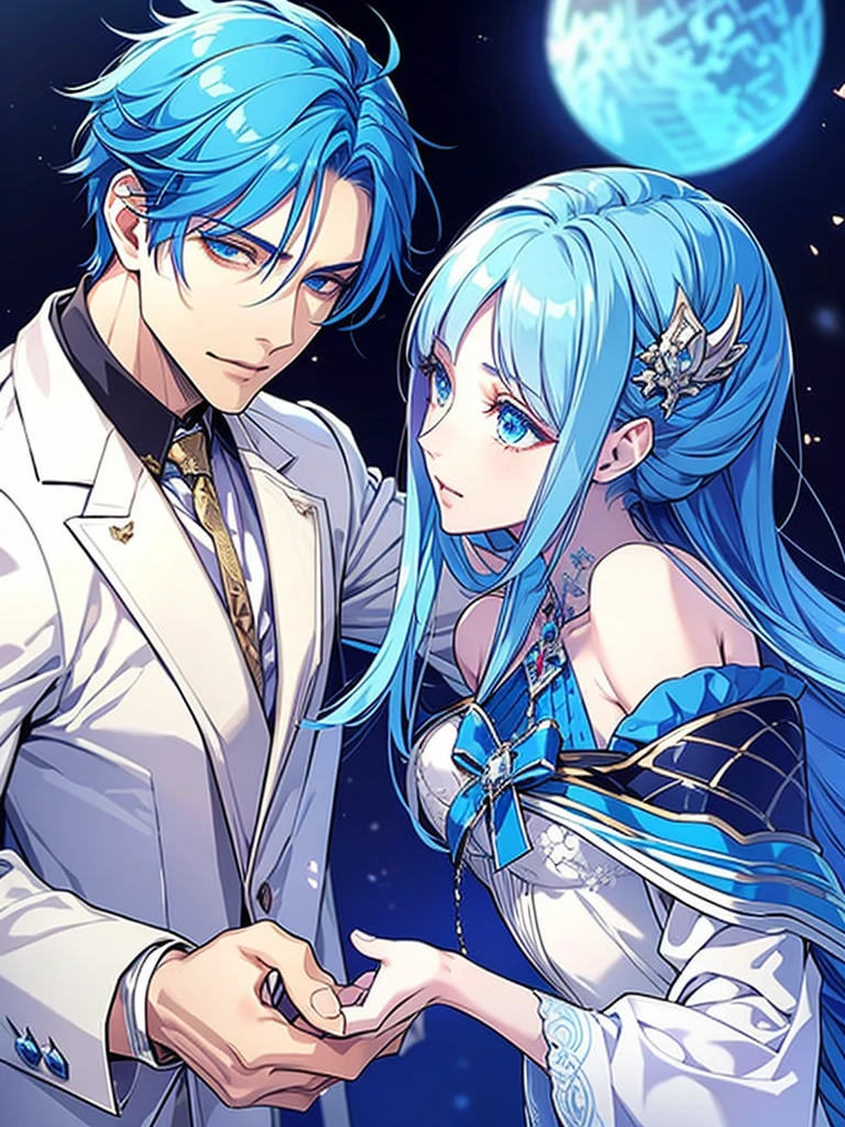Demon king and queen couple.they are kissing.both have short blue hair.blue eyes,wearing demon outfit.both are in demon palace