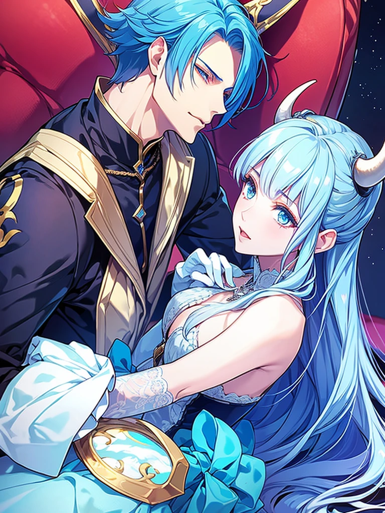 Demon king and queen couple.they are kissing.both have short blue hair.blue eyes,wearing demon outfit.both are in demon palace