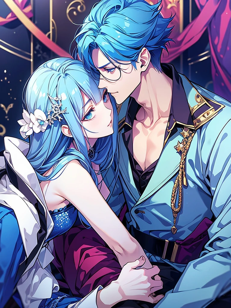 demon king and demon queen couple.demon king wears blue demon outfit,has blue horns,long blue hair,blue eyes.demon queen has long blue hair,blue eyes,demon queen outfit.demon palace,absurdres,ultrasharp,high res,8k,masterpiece.they are kissing