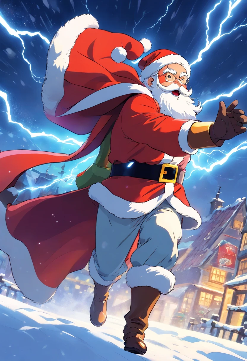 Superhero Santa Claus, cape, flying in the snow, lightning, super energy magic