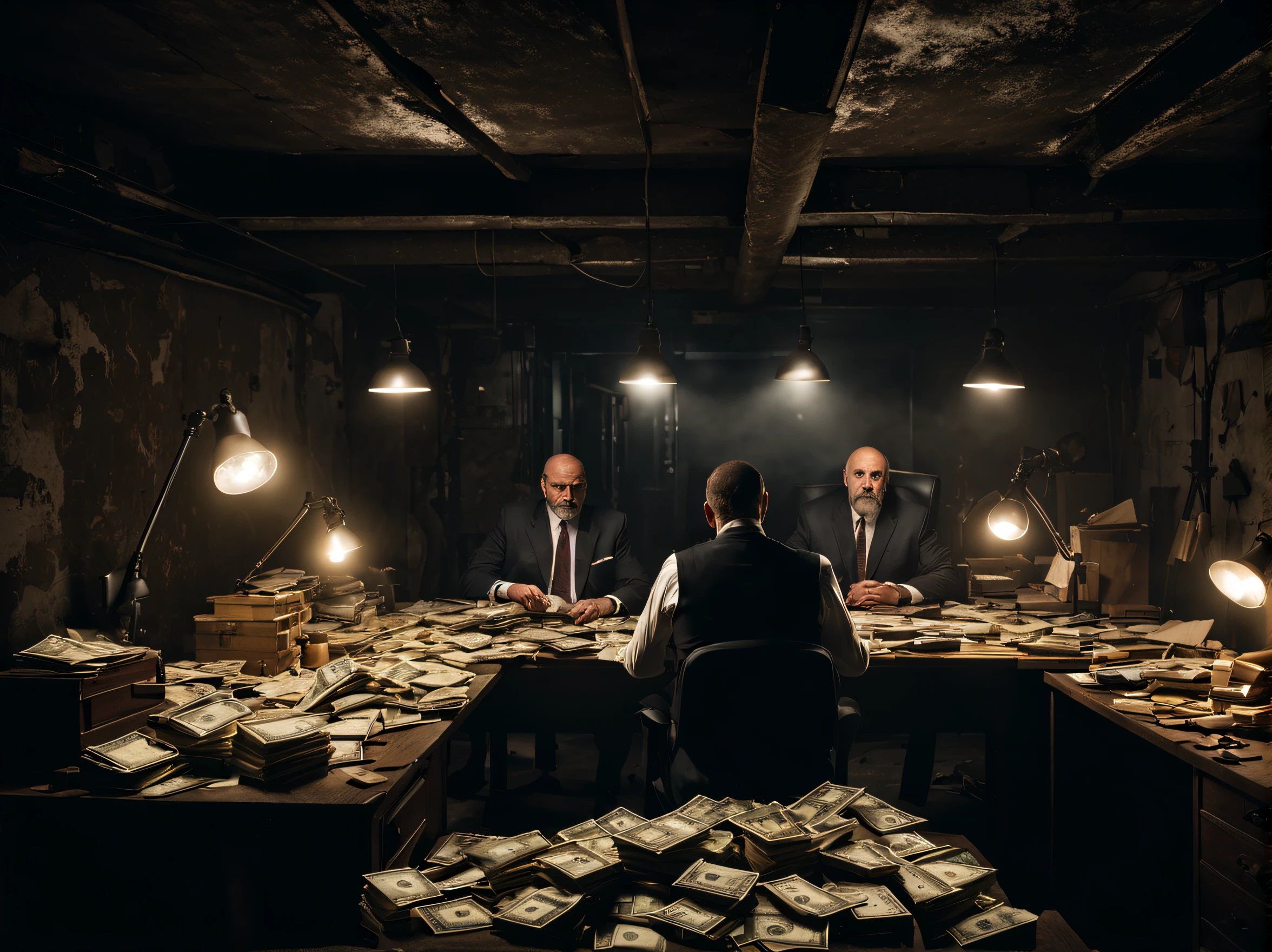 (8k, raw photo, ultra-detailed, masterpiece), the italiab mafia and the american gang are trading money at their desks, bundles of money full of desks, in the dark cellar. a light bulb is lighting up the basement. angry, violent, competition, negotiation, cinematic lighting, shot on wide angle lens