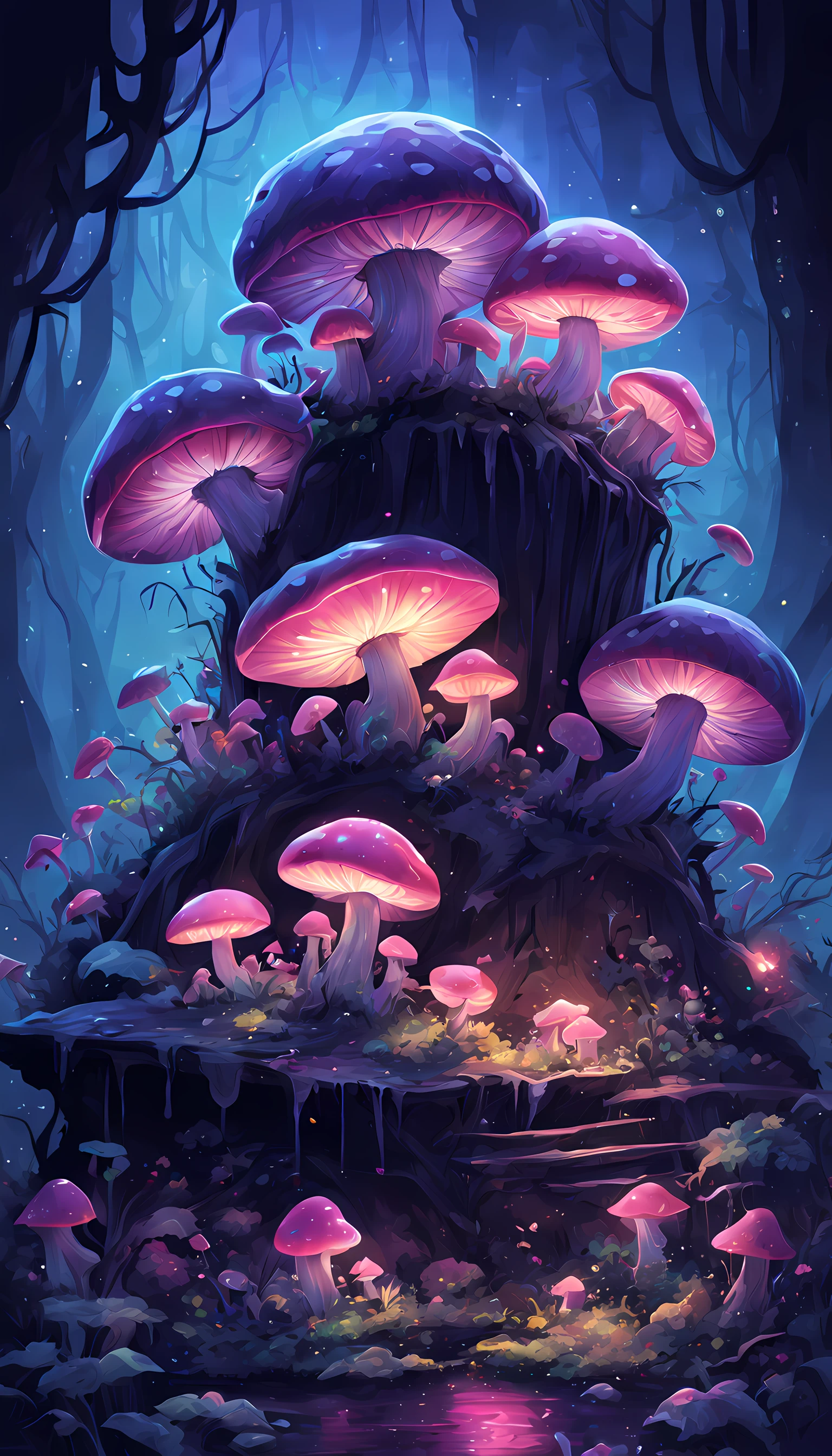 hundred fireflies, bioluminescent mushrooms, glowing mushrooms, (a baby goblin sleeping), foggy, misty, digital illustration, little to no light, darkness, the color palate of dark pink, light purple, navy blue, dark brown, and Bluebonnet, high contrast, mystical, a dead rotten log, night, poison dripping, liquid dripping, slime, vibrant colors, fairy dust, lots of shadows, nightmares, eerie, absolute horror, dark and deep, shadows, extremely detailed, ultra-detailed, 4k, digital illustration, watercolor, Artstation, dynamic lighting, dynamic range