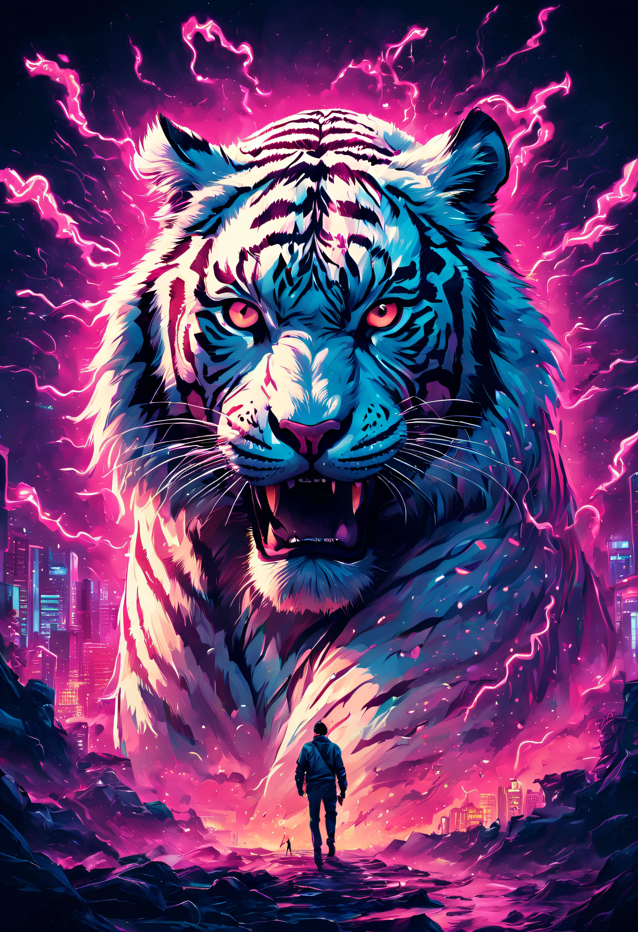 White Tiger, tarantino style film cover, film poster,retro,gritty,grindhouse,cult classic,eccentric characters,dark humor,neon lights,vibrant colors,twisted narrative,plot twists,action-packed,stylized violence,larger-than-life,80s vibe,gritty textures,film grain,hand-drawn,edgy,iconic imagery,catchy tagline,dynamic composition,impressive illustrations,eye-catching design,unique typography,intense atmosphere, Enhance, intricate, (best quality, masterpiece, Representative work, official art, Professional, unity 8k wallpaper:1.3)