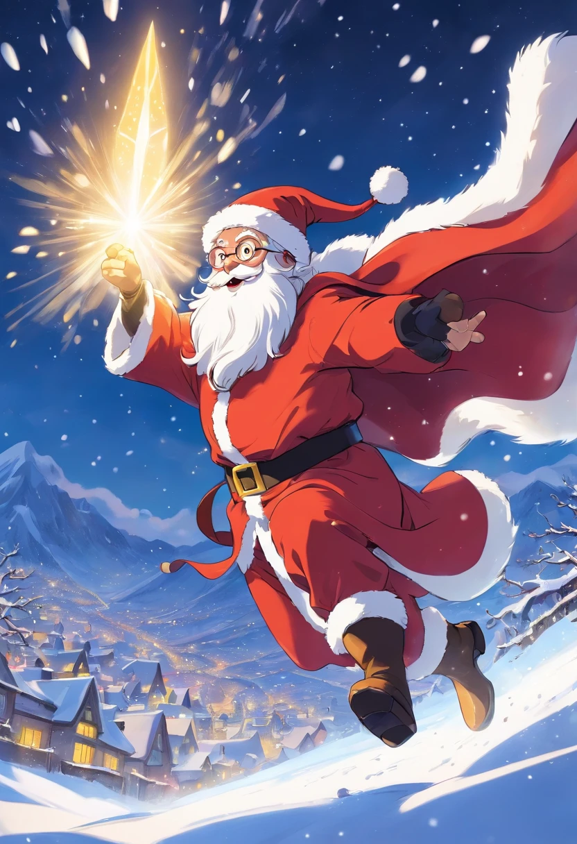 superhero santa claus, Cloak, flying in the snow, salama, super energy magic