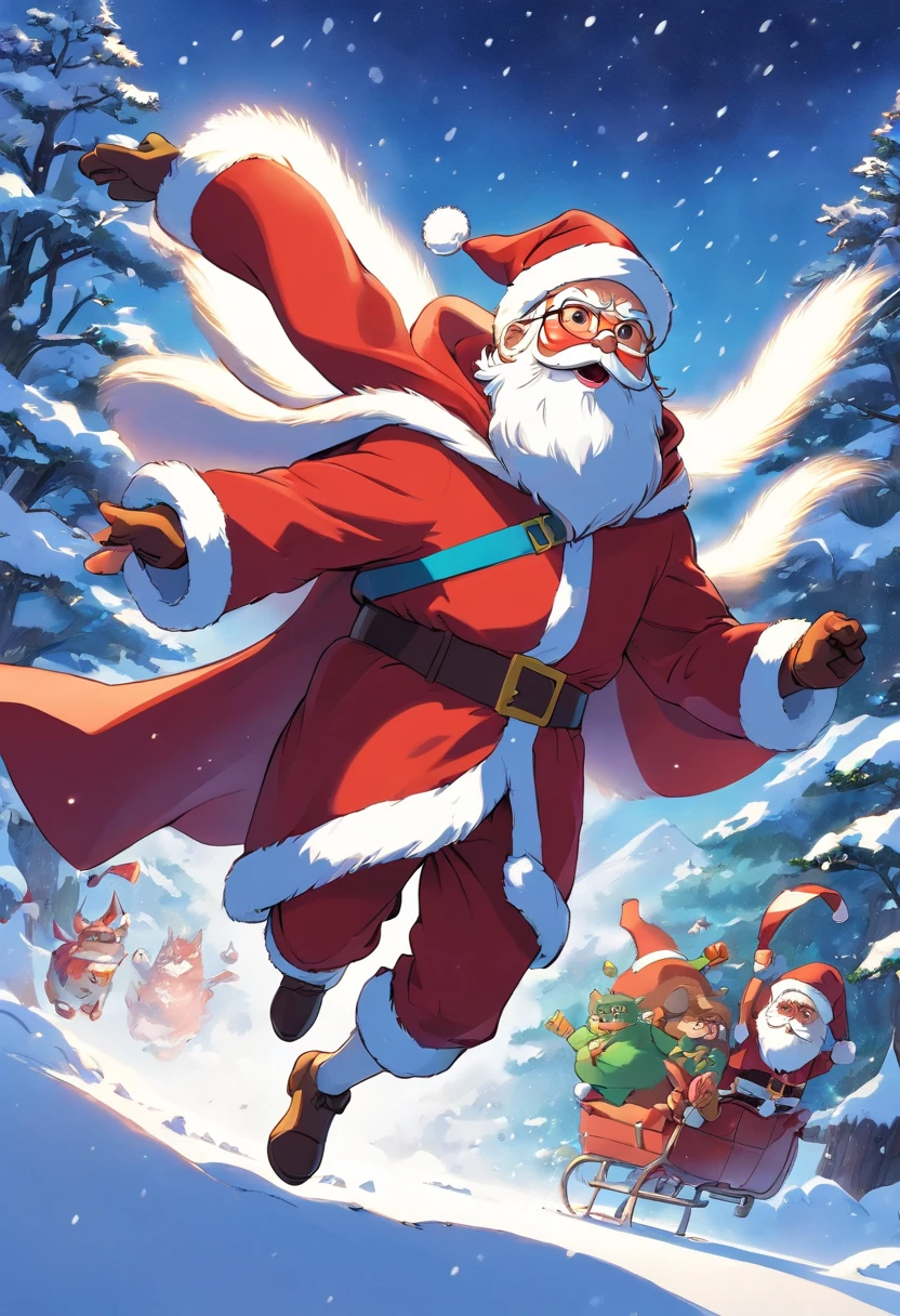 superhero santa claus, Cloak, flying in the snow, salama, super energy magic