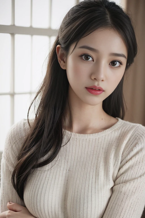 "Masterpieces of photography, Top quality and ultra-detailed appearance. Japan woman looking young, Present sensual nuances, Please wear transparent clothing and wet knitwear, The background may be blurry, however、The main image must be clear and clear. (1 girl), Blue eyes, Long Black Hair, Modern and gentle hairstyle. Close-ups of your skin should emphasize the richness of details. Context optimization、It is necessary to strengthen its characteristics."
